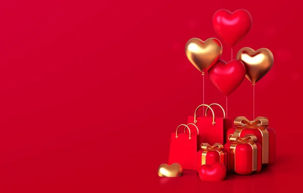 Любовь, романтика, сердце, подарки, сердечки, red, golden, love