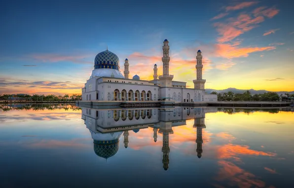 Облака, отражение, утро, зеркало, Малайзия, Likas Бэй, города Кота-Кинабалу Мечеть, песок дороги