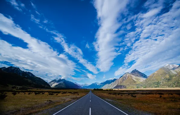 Картинка дорога, небо, облака, горы, голубое, трасса, Новая Зеландия, шоссе