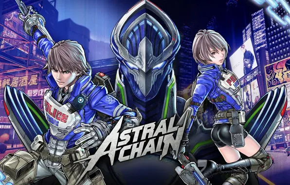 Девушка, город, оружие, фантастика, реклама, броня, парень, Astral Chain