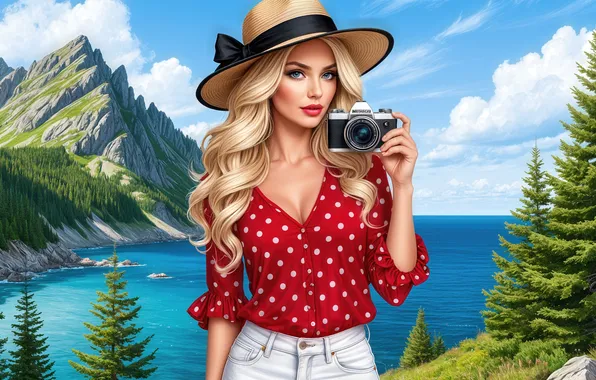 Лес, небо, взгляд, девушка, горы, поза, шляпа, фотоаппарат