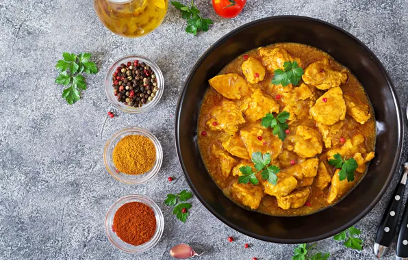 Мясо, специи, сковорода, гуляш, куриное мясо