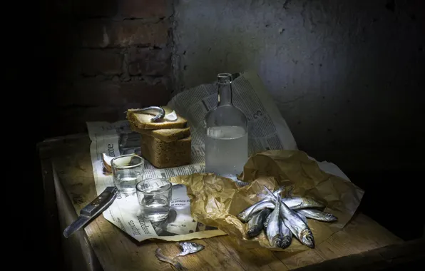 Свет, бумага, стол, стена, бутылка, рыба, хлеб, алкоголь