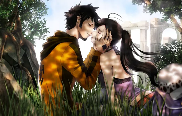 Девушка, романтика, аниме, арт, пара, парень, One Piece
