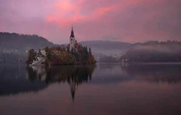 Картинка небо, закат, замок, остров, Озеро, Словения