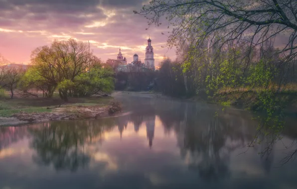 Небо, деревья, закат, природа, река, церковь, храм, Политова Анна