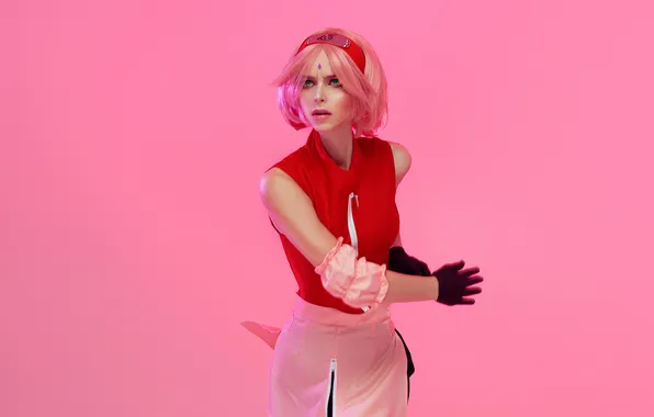 Жест, розовый фон, розовые волосы, Sakura Haruno, милая девушка, Cosplay, красная безрукавка