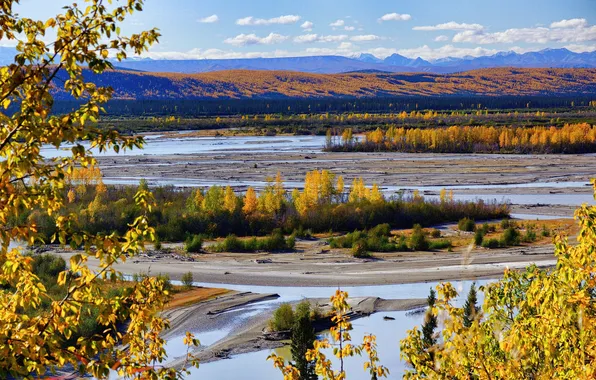 Осень, горы, река, долина, Аляска, США