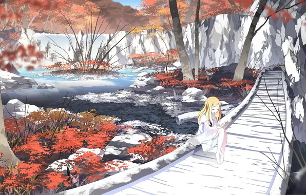 Картинка осень, мост, река, рисунок, дорожка, девочка, asakura masatoki