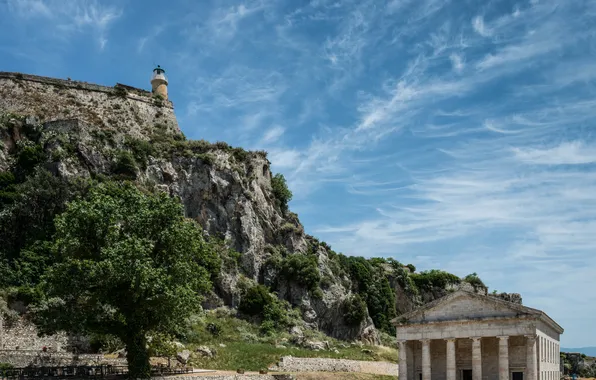 Небо, деревья, скала, перистые облака, история, кустарник, восточная часть, церковь Святого Георгия