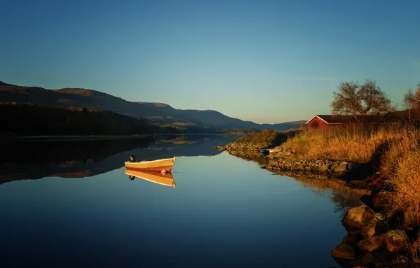 Lake, morning, hill, sunrise, dawn, boat, boat house
