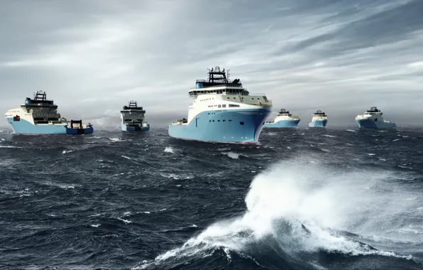 Море, Судно, Графика, Много, Рендеринг, Maersk, Maersk Line, Ship