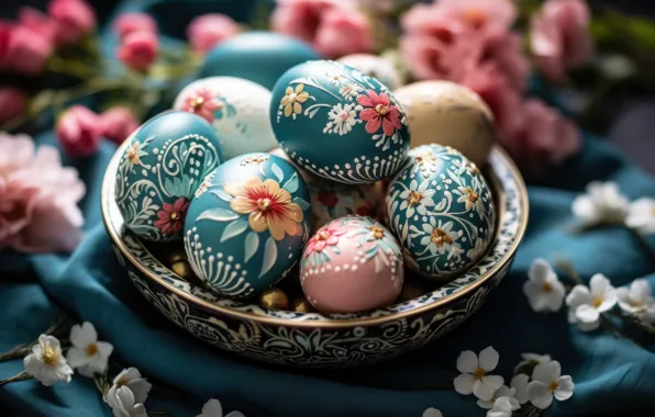 Цветы, праздник, яркие, яйца, весна, голубые, Пасха, гнездо