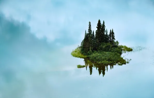 Картинка облака, природа, туман, озеро, отражение, остров