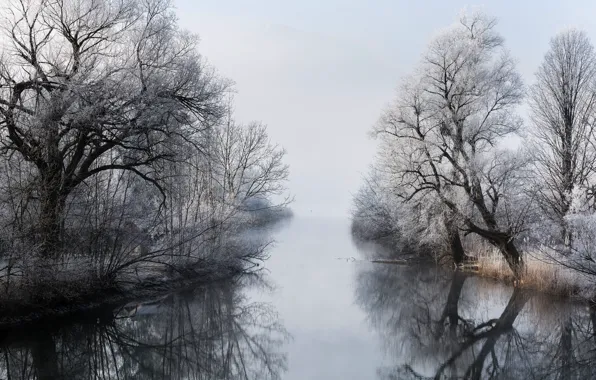 Картинка зима, туман, река