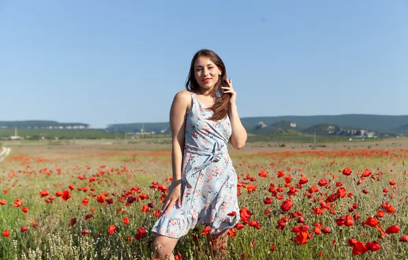 Long hair, nature, model, brunette, outside, photoshoot, beautiful face, poppy field