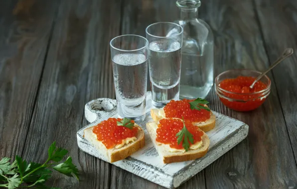 Водка, икра, красная икра, бутерброды