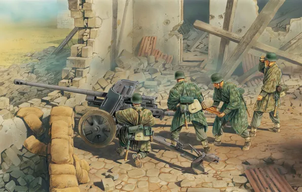 Война, рисунок, арт, пушка, WW2, немецкая, позиции, противотанковая