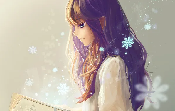 Картинка девушка, цветы, аниме, арт, книга, профиль, mikan