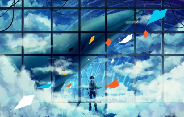 Картинка небо, облака, провода, аниме, арт, кит, парень, xxxka66