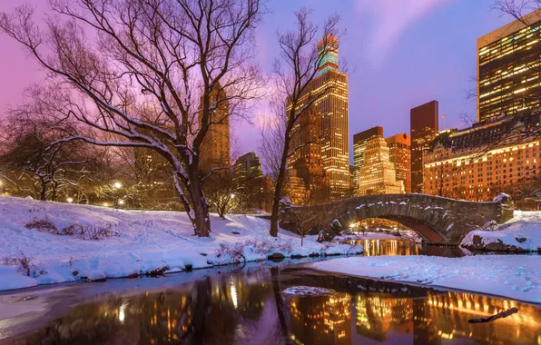 Картинка зима, снег, деревья, закат, мост, озеро, отражение, Нью-Йорк