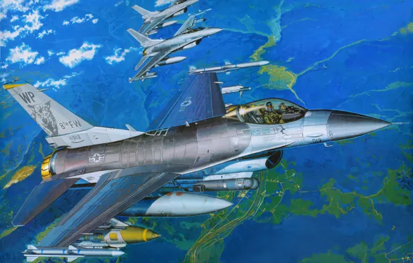 Картинка авиация, истребитель, арт, самолёт, ВВС, F-16, ф-16