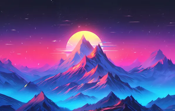 Солнце, красота, свечение, неон, mountains, fantastic, digital art, фантастические горы
