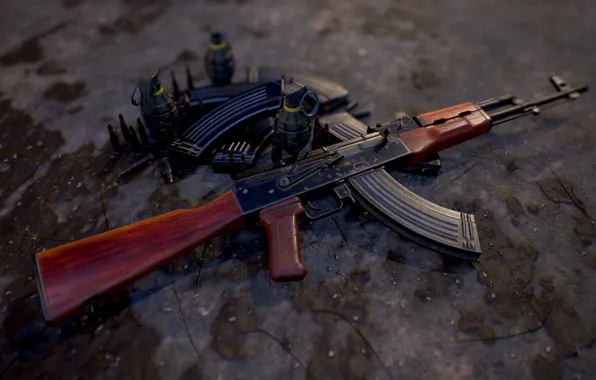 Картинка рендеринг, оружие, gun, weapon, render, Калашников, штурмовая винтовка, assault Rifle
