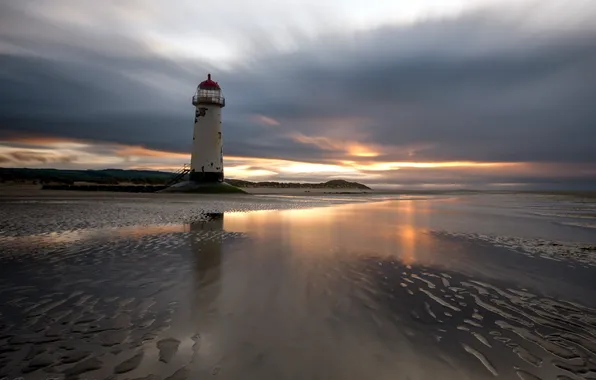 Картинка sunset, lighthouse, reflections, Talacre