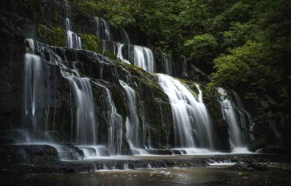 Картинка зелень, вода, камни, водопад