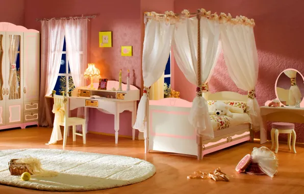 Картинка дизайн, стиль, стол, комната, игрушка, лампа, кровать, интерьер