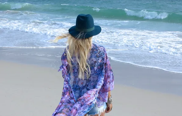 Картинка пляж, девушка, океан, шляпка