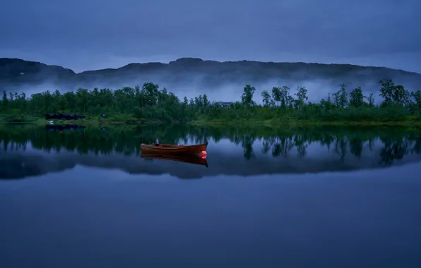Деревья, горы, озеро, отражение, лодка, Норвегия, Norway, Sulitjelma