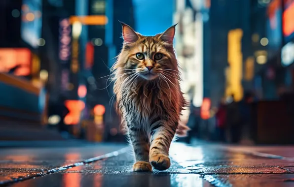 Кошка, кот, взгляд, ночь, город, огни, мокрый, поза