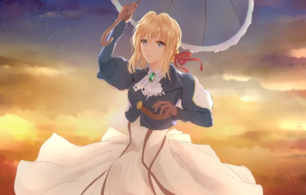 Девушка, зонт, аниме, Violet Evergarden