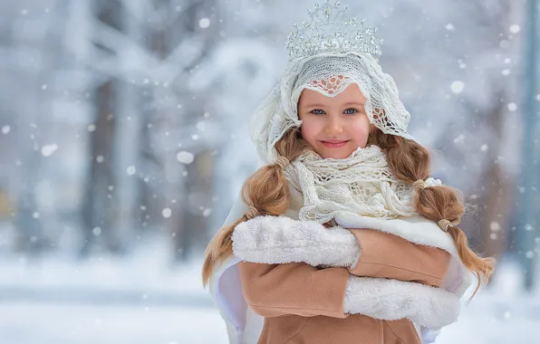 Зима, лес, снег, природа, поза, улыбка, парк, ребенок