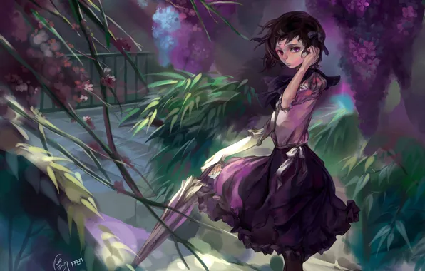 Картинка девушка, цветы, зонтик, ветер, зонт, сад, арт, l.green