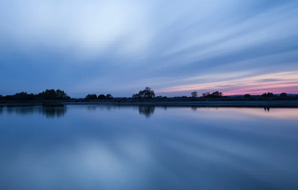 Деревья, озеро, гладь, отражение, вечер, сумерки, Buckinghamshire, Marsworth