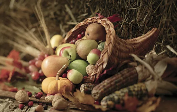 Картинка осень, листья, ягоды, корзина, яблоки, кукуруза, урожай, тыква