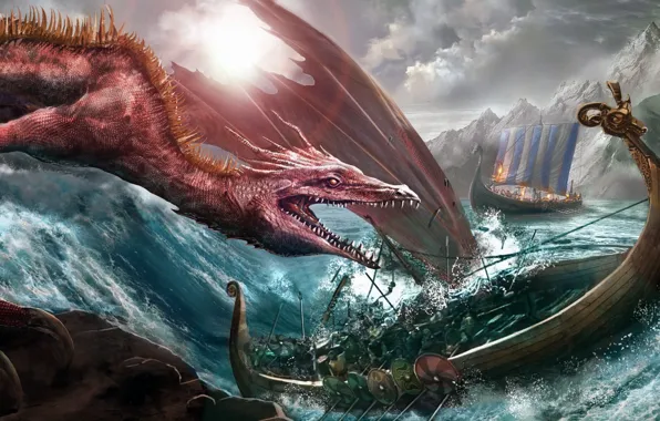 Картинка дракон, корабль, монстр, Andrii Shafetov, Dragon attack