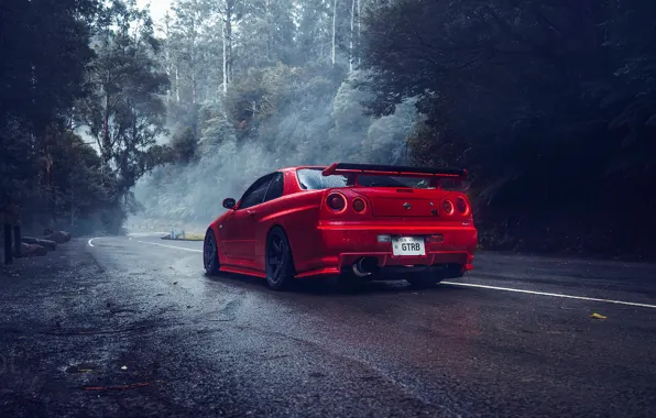Red, GT-R, R34, Road, Trees, Turn