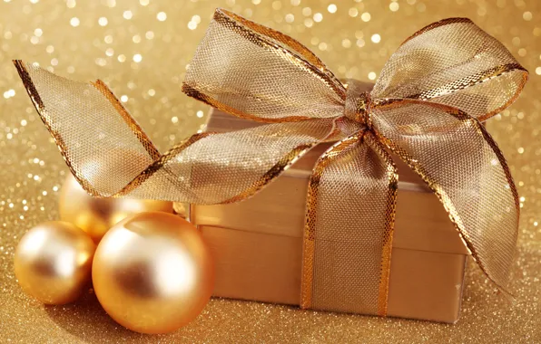 Шарики, золото, праздник, коробка, подарок, шары, новый год, рождество