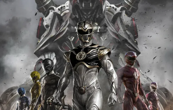 Картинка white tiger, Power Rangers, red ranger, yellow ranger, zord, white ranger, blue ranger, black ranger