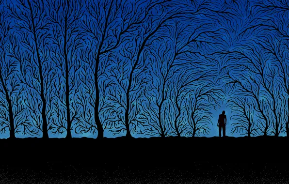 Картинка деревья, ветки, синий, черный, человек