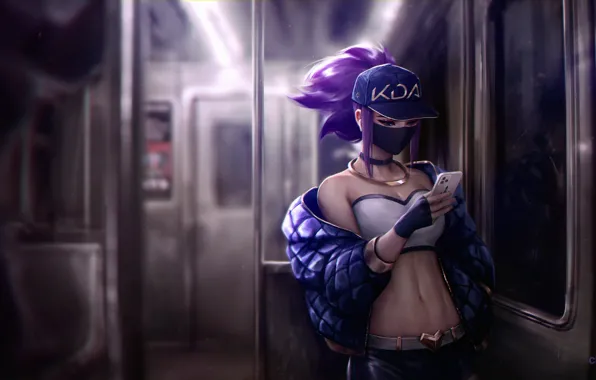 Картинка train, women, League of Legends, reflection, digital art, fan art, smartphone, jacket