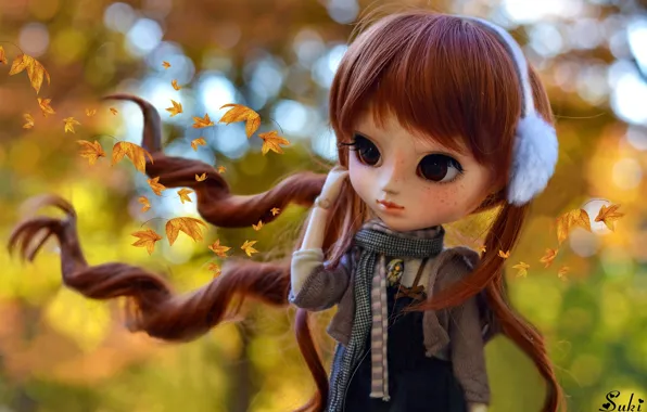 Картинка осень, листья, волосы, кукла, девочка, рыжая