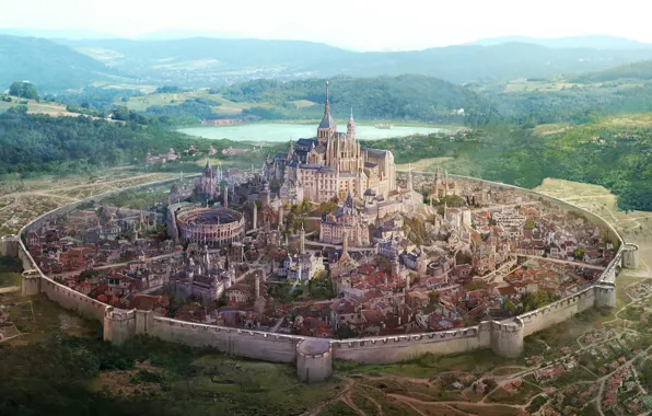 Картинка пейзаж, горы, город, замок, стена