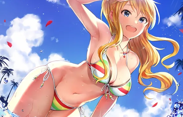 Girl, sexy, cleavage, long hair, sea, boobs, anime, water