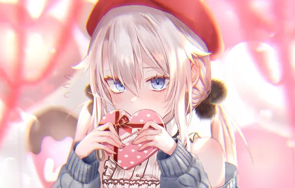 Голубые глаза, валентинка, берет, коробка подарка, смущение, valentine`s day, Girls Frontline, 9a-91
