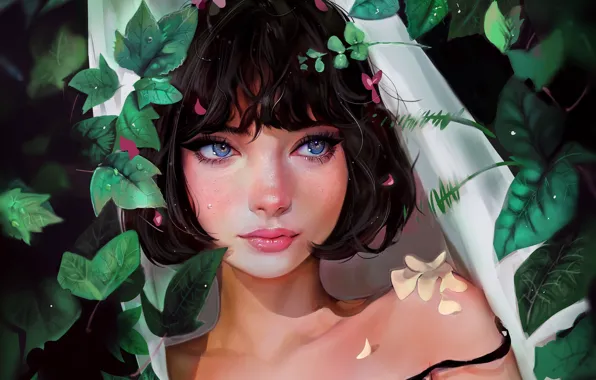 Девушка, Листья, Стиль, Лицо, Girl, Глаза, Портрет, Брюнетка